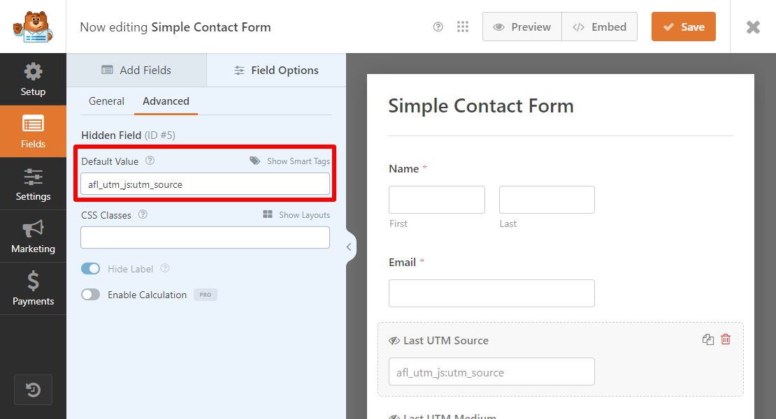 WPForms > Hidden Field