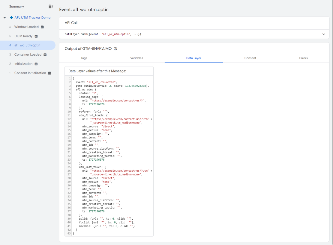 Google Tag Manager > Preview > Events