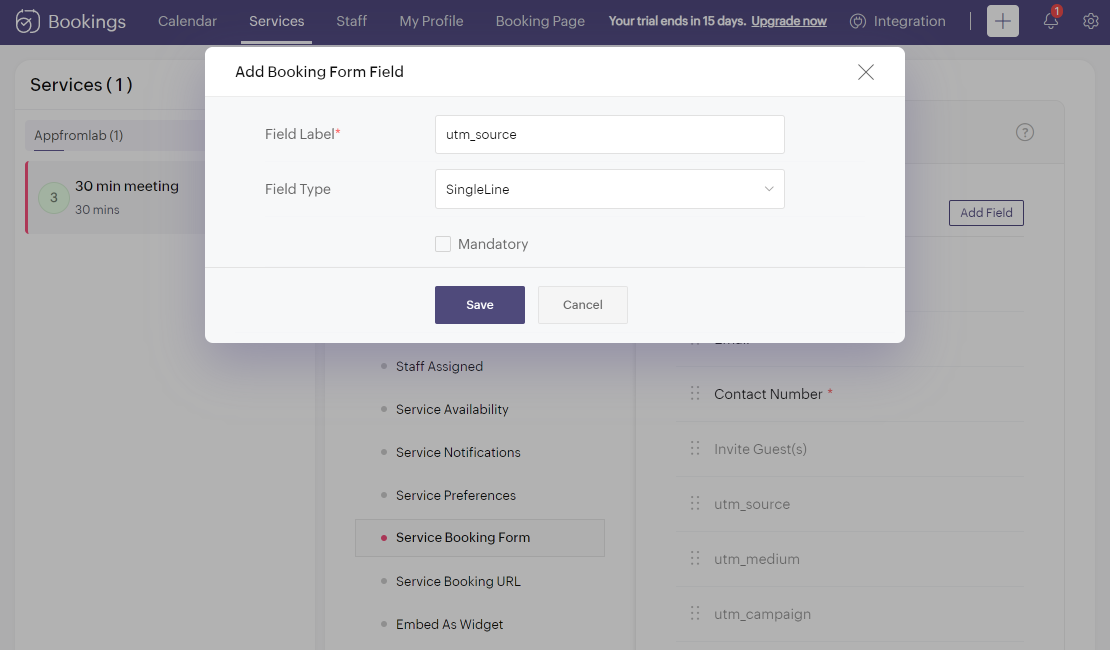Zoho Bookings > Add Field