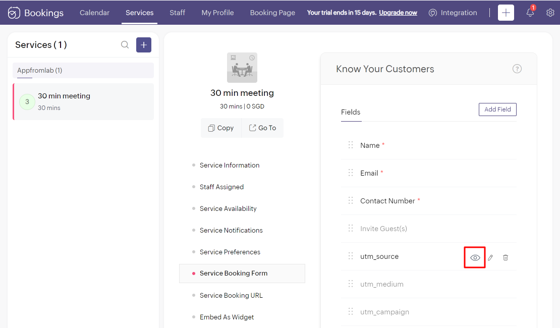 Zoho Bookings > Hide Field