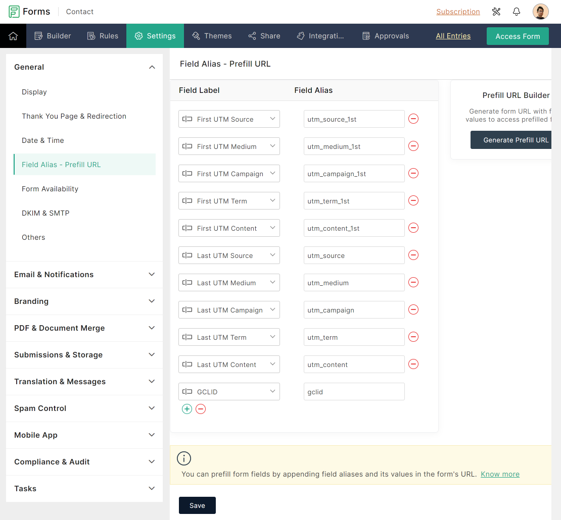 Zoho Forms > Setup Field Alias