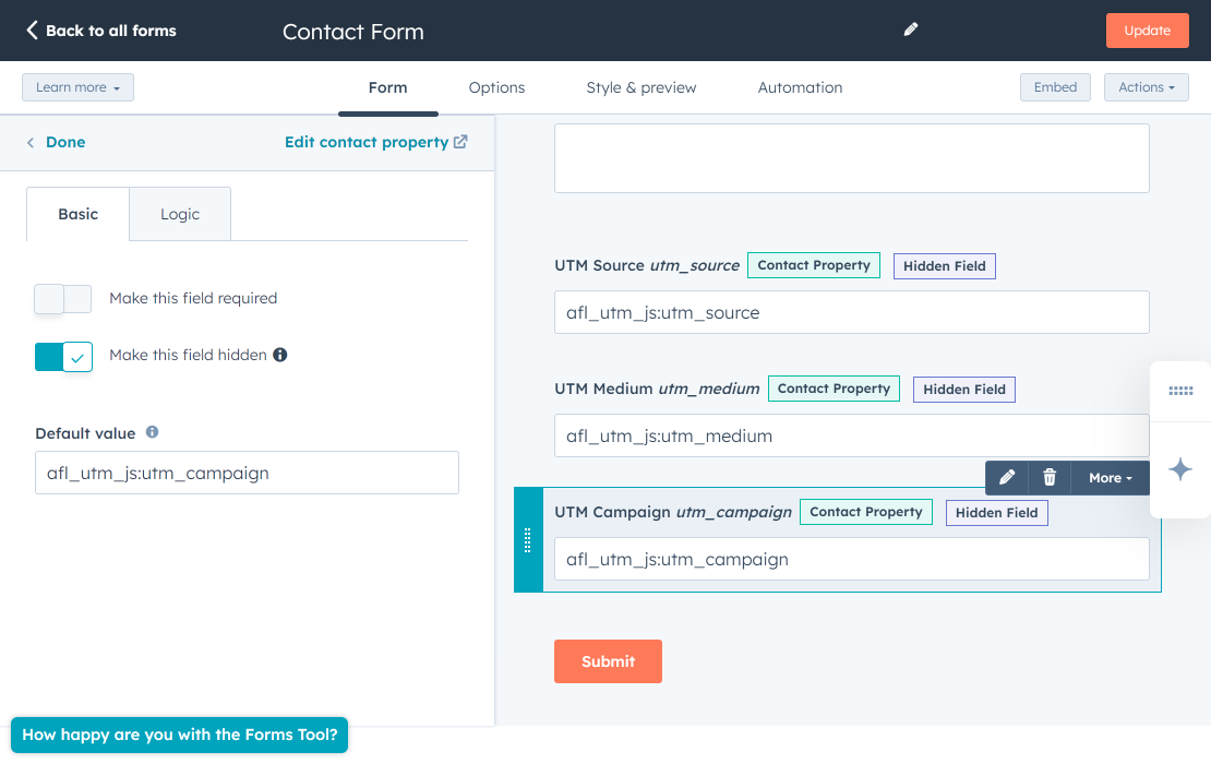 Hubspot > Form > Hidden field settings